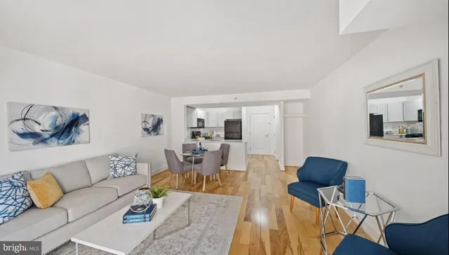 a living room with furniture rug and lamp