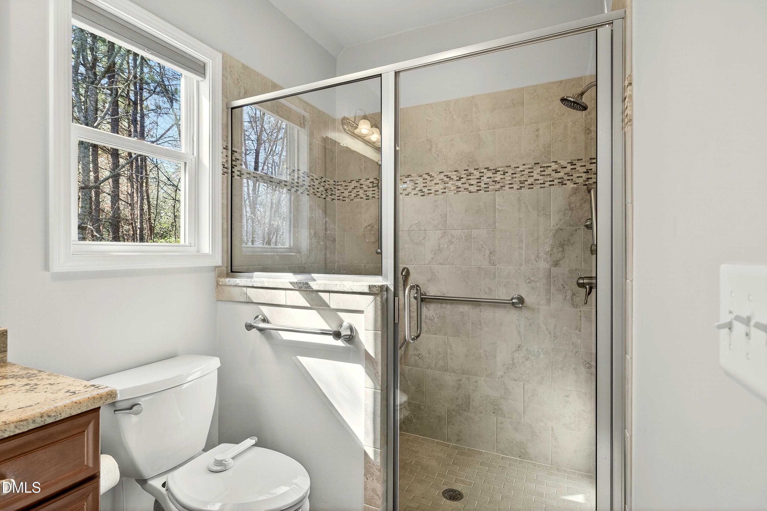 810 Woodland Road Creedmoor, NC 27522 - Photo 42 of 77 a bathroom with a granite countertop toilet a shower and a sink