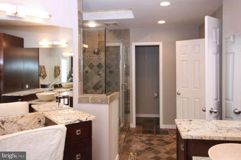 525 Clear Spring Road Great Falls, VA 22066 - Photo 15 of 30 a bathroom with a granite countertop sink a mirror and a shower