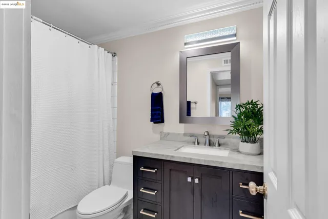 a bathroom with a shower curtain and a sink