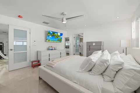 a bedroom with a bed and a flat screen tv