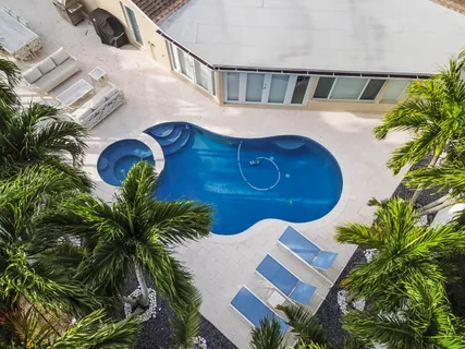 a view of swimming pool with outdoor seating and plants