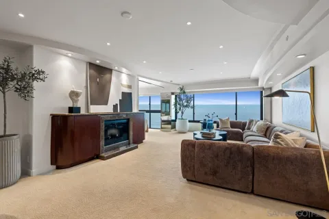a living room with furniture a fireplace and a potted plant