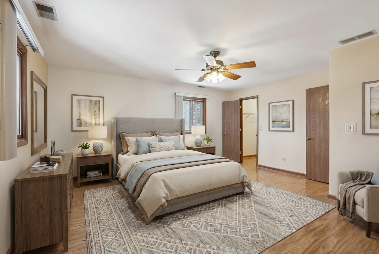 655 Waverly Drive, Unit C Elgin, IL 60120 - Photo 11 of 21 a bedroom with a bed a ceiling fan and a dresser