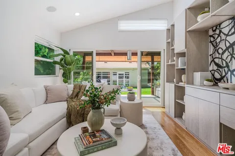 a living room with furniture and a potted plant