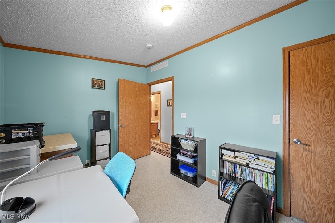 17296 Old State Road Middlefield, OH 44062 - Photo 23 of 44 Carpeted home office featuring crown molding and a textured ceiling