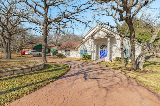 a view of road with large trees