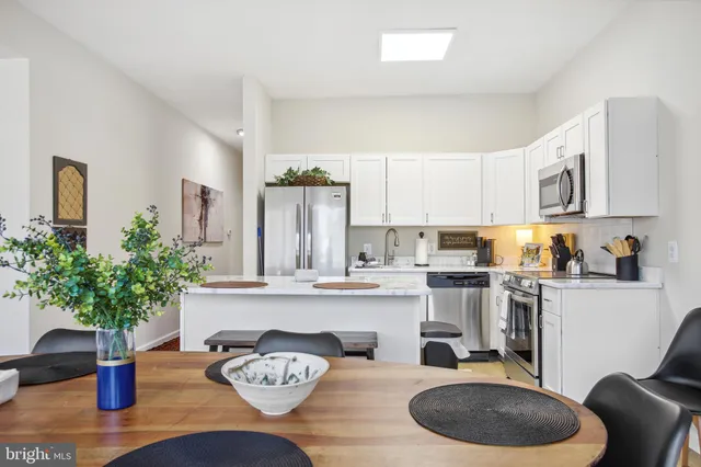 a kitchen with a potted plant on the counter and cabinets