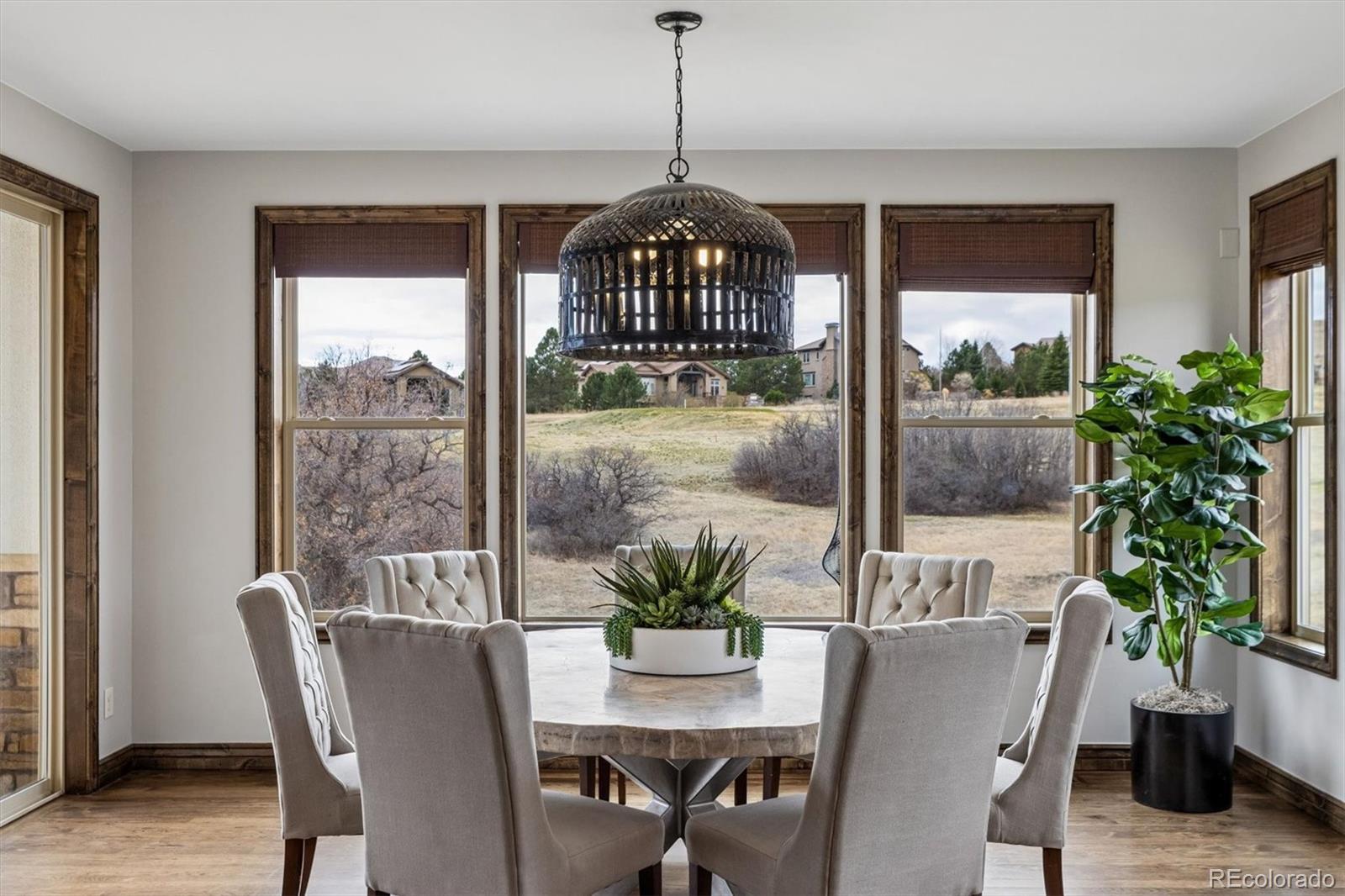 4698 Bandera Place Parker, CO 80134 - Photo 17 of 43 a dining room with furniture potted plants and wooden floor