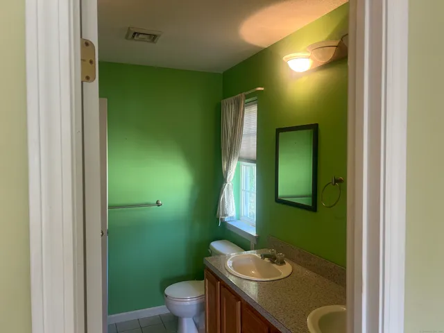 a bathroom with a sink a toilet and a mirror