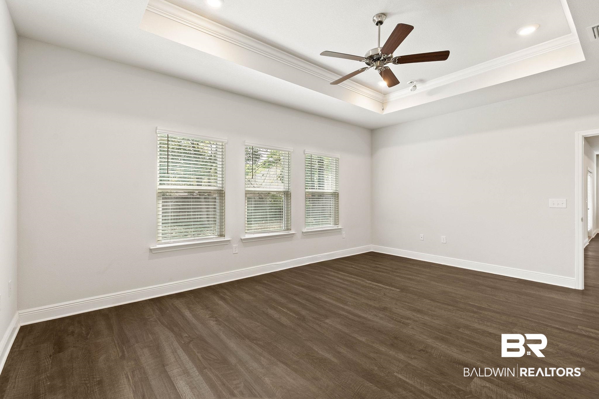 9448 Amethyst Drive Daphne, AL 36526 - Photo 24 of 61 Spare room featuring crown molding, ceiling fan, dark wood-style flooring, and a raised ceiling