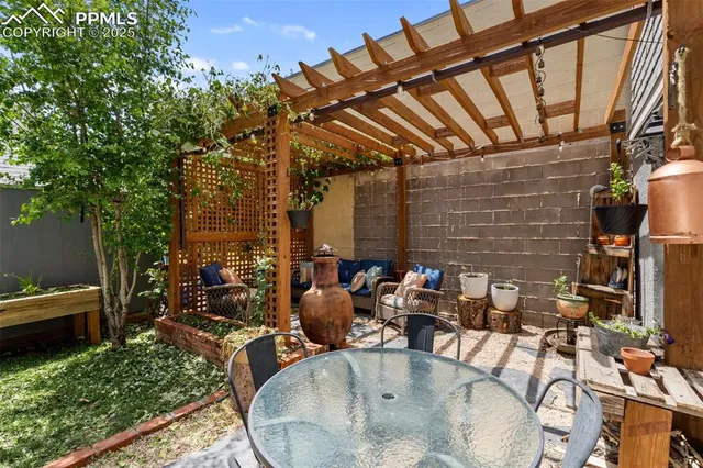 a view of swimming pool with outdoor seating