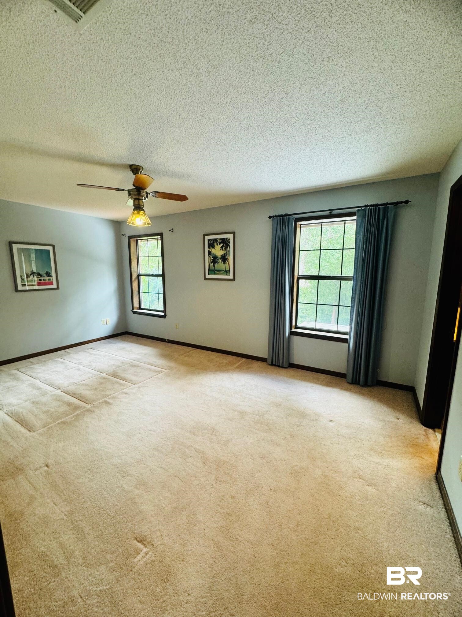 2240 Perdido Circle Lillian, AL 36549 - Photo 17 of 42 Carpeted empty room featuring a textured ceiling, a healthy amount of sunlight, and ceiling fan