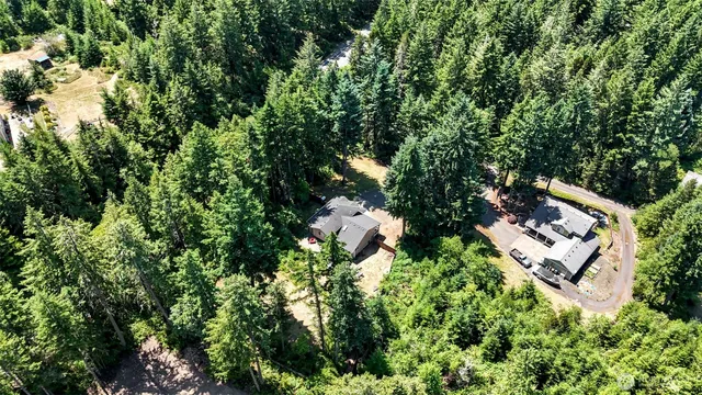 an aerial view of a house with a yard and garden in the back