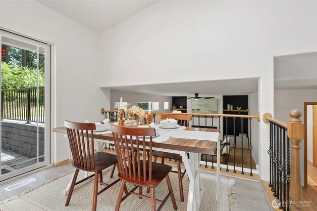 a view of a dining room with furniture