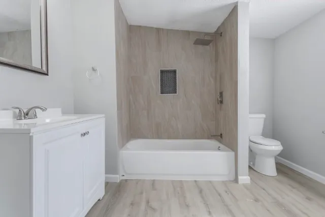 a bathroom with a sink a toilet and a bathtub