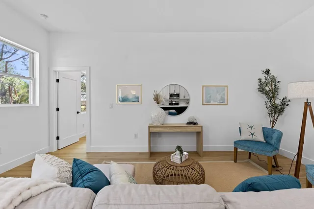 a living room with furniture and a potted plant