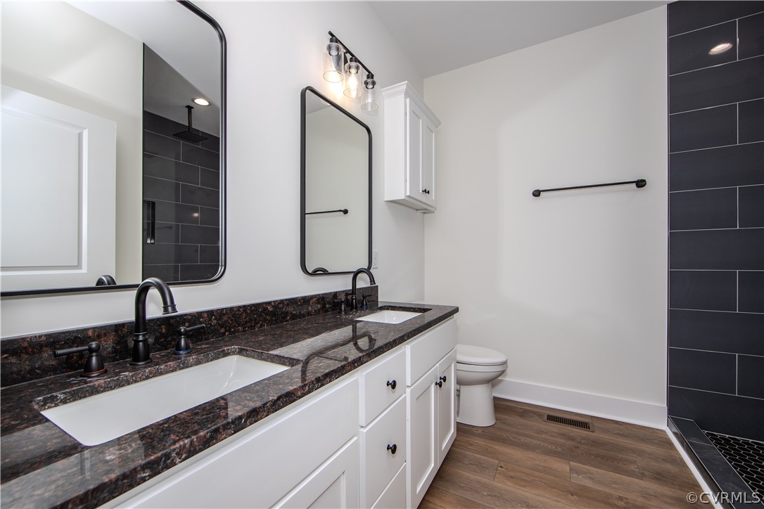 4243 Three Bridge Road Powhatan, VA 23139 - Photo 17 of 32 a bathroom with a granite countertop sink a toilet a mirror and shower
