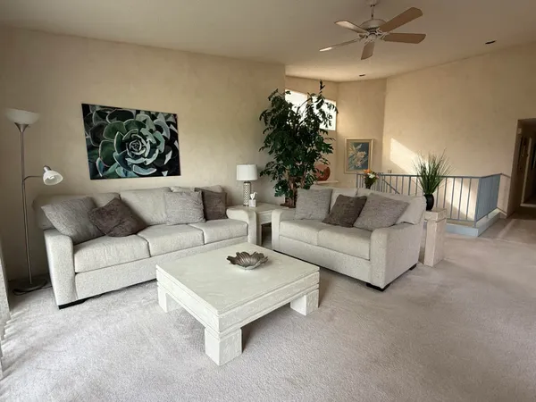 a living room with furniture and a potted plant