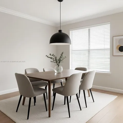 a dining room with furniture and window