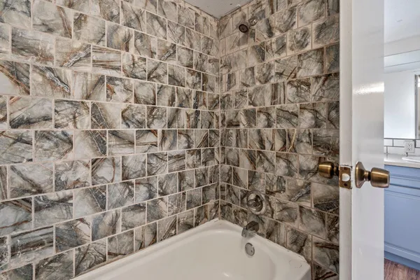 a bathroom with a bathtub and a shower