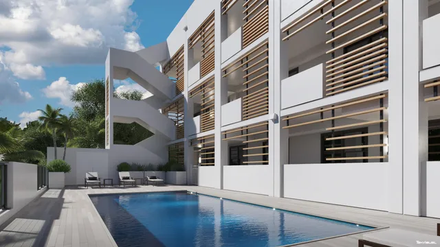 a view of a building from a living room