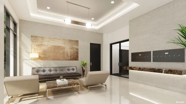 a living room with furniture and a floor to ceiling window