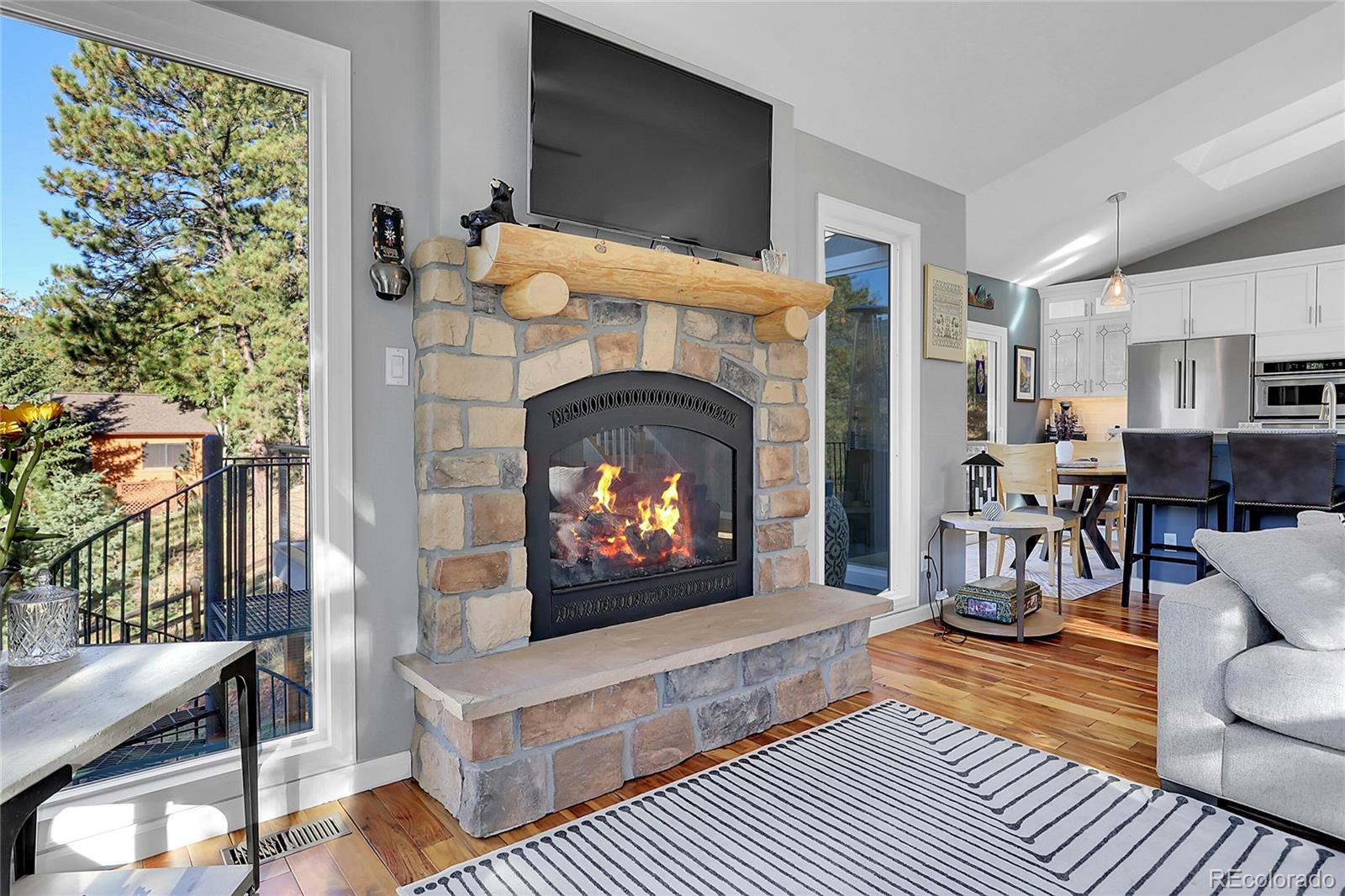 32857 Little Cub Road Evergreen, CO 80439 - Photo 11 of 48 a living room with furniture a fireplace and a flat screen tv