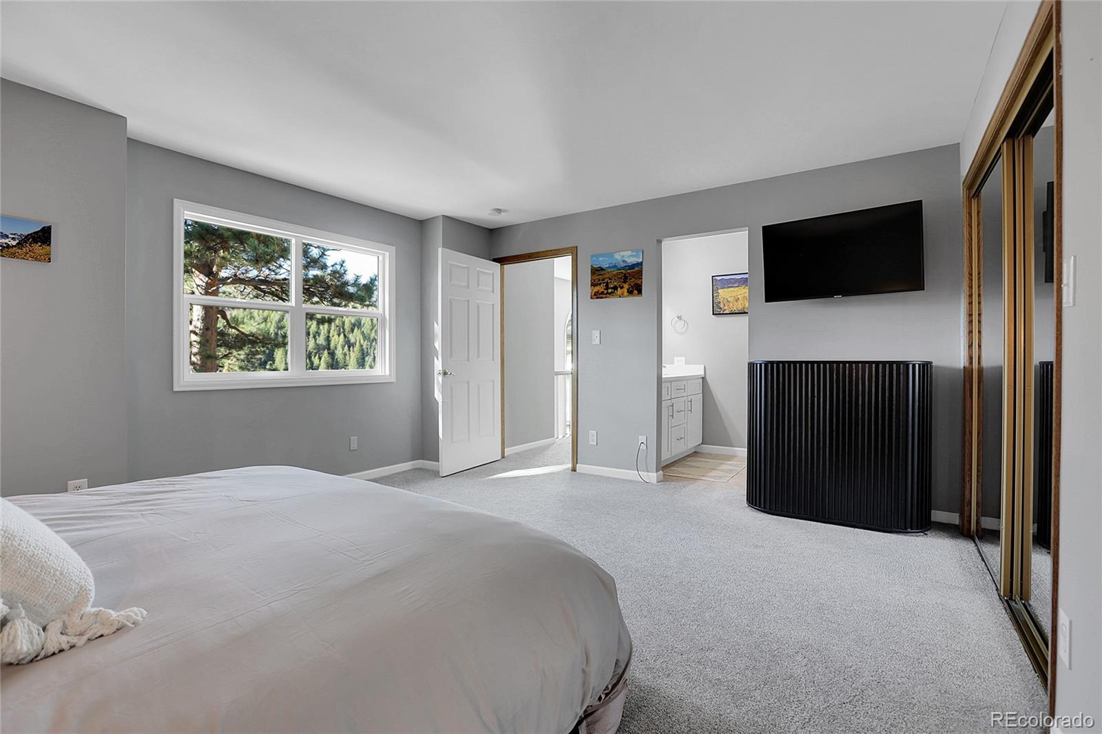 32857 Little Cub Road Evergreen, CO 80439 - Photo 28 of 48 a bedroom with a bed and a flat screen tv