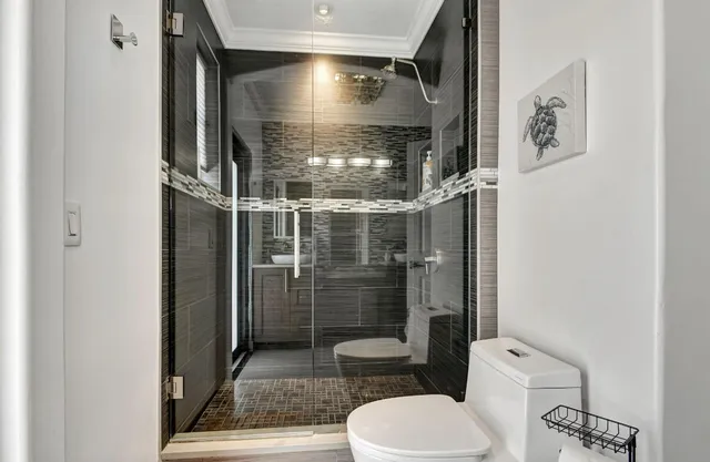 a bathroom with a toilet and a shower