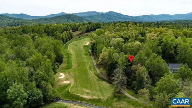 a view of a lush green forest with mountains in the background