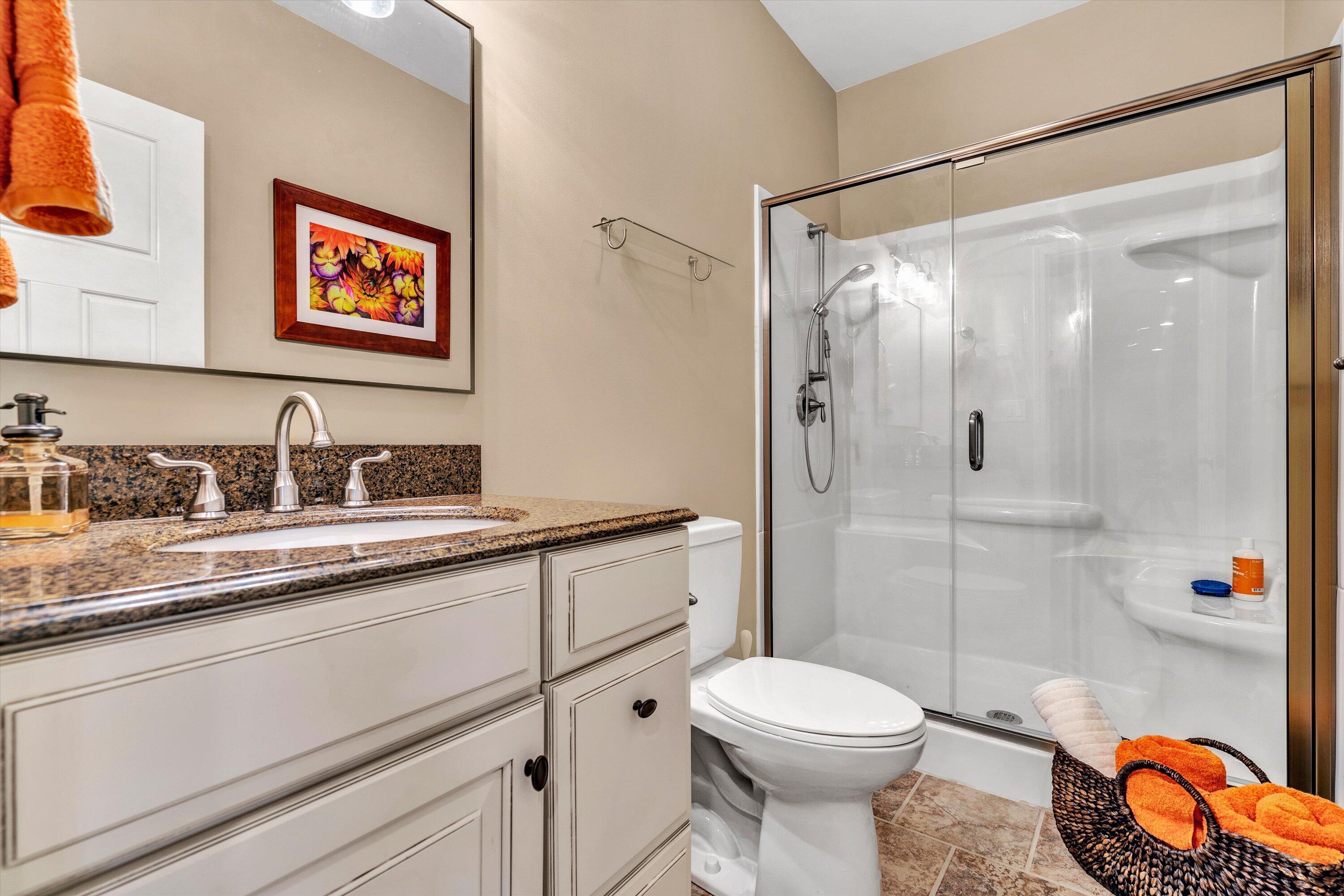 526 Stonebridge Drive Blue Ridge, VA 24064 - Photo 19 of 35 a bathroom with a granite countertop sink toilet and shower