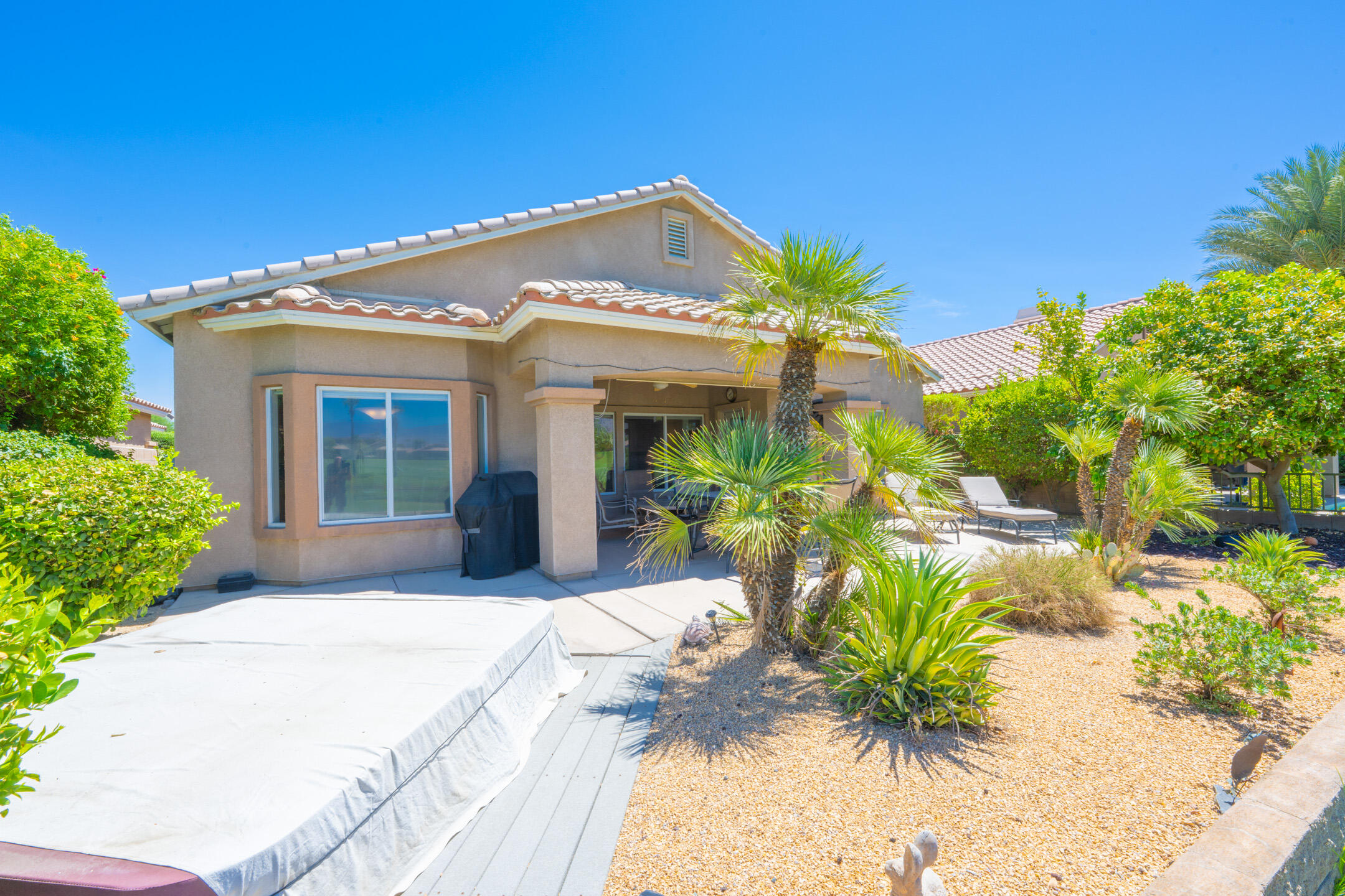 45233 Big Canyon Street Indio, CA 92201 - Photo 19 of 43 a front view of a house with a yard and potted plants