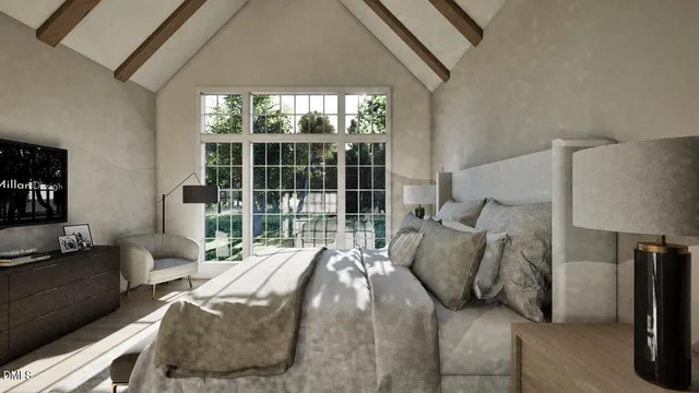a balcony with furniture and a large window