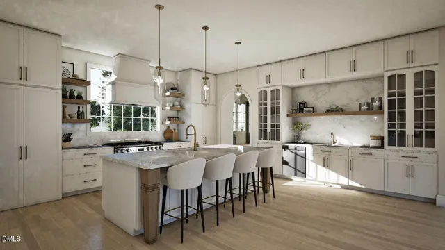 a kitchen with stainless steel appliances a stove a sink a refrigerator and white cabinets with wooden floor