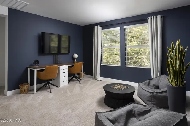 a living room with furniture and a potted plant