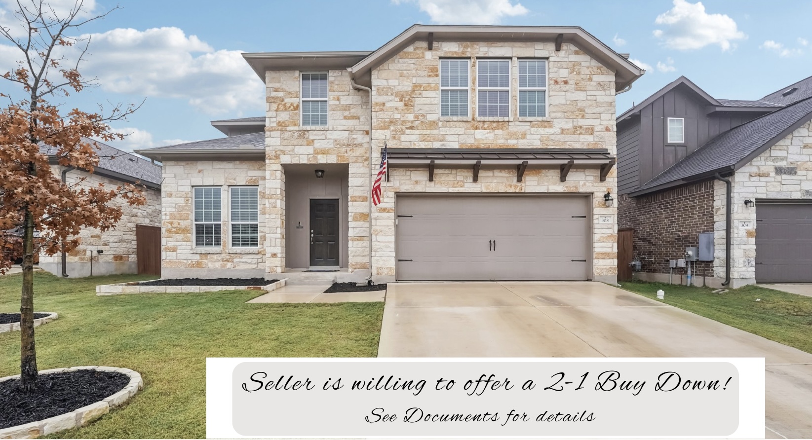 308 Ravello Street Liberty Hill, TX 78642 - Photo 1 of 1 View of front of home with a garage, stone siding, concrete driveway, and a front lawn