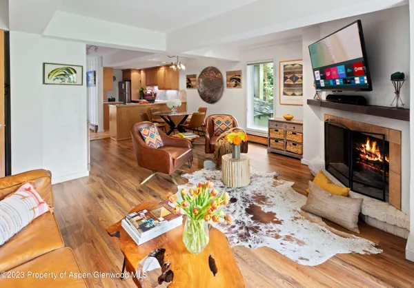 a living room with furniture a flat screen tv and a fireplace