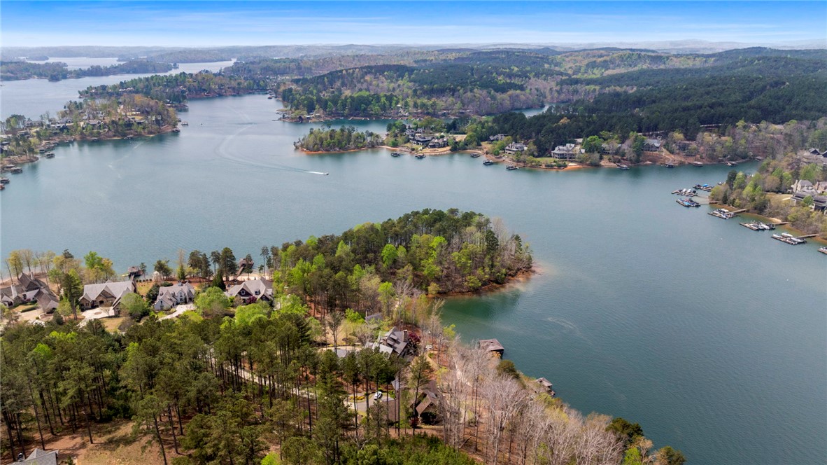195 Village View Drive Sunset, SC 29685 - Photo 46 of 48 This panoramic view captures a serene lakeside community nestled among lush trees.