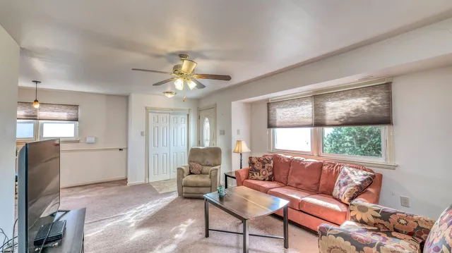 a view of a dining room with furniture