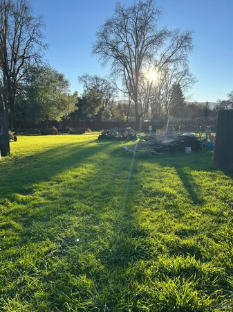 a view of yard with swimming pool and green space
