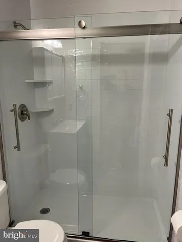 a bathroom with a shower and toilet