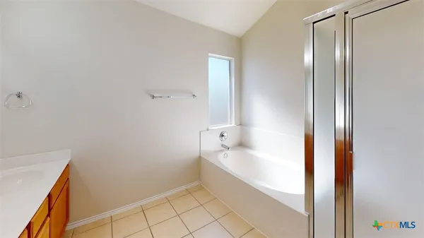 a bathroom with a bathtub and shower
