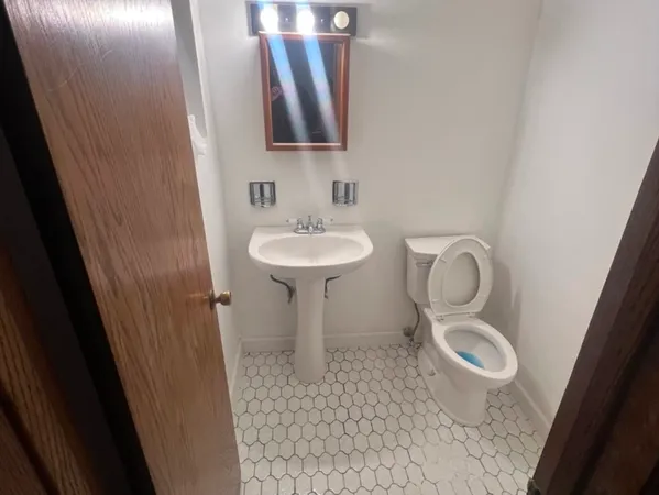 a bathroom with a sink toilet and mirror