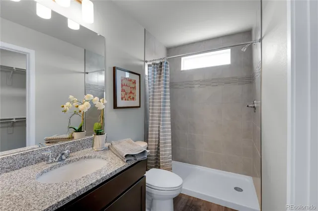 a bathroom with a granite countertop sink toilet and shower