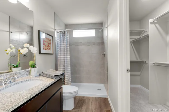 a bathroom with a granite countertop sink toilet and shower