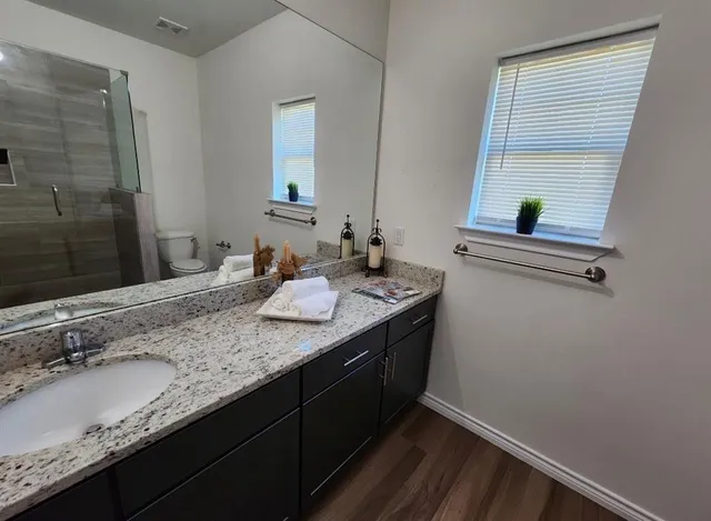 a bathroom with a granite countertop sink a mirror and a