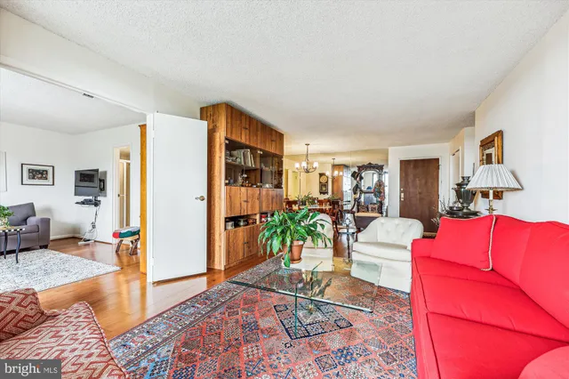 a living room with furniture and a rug