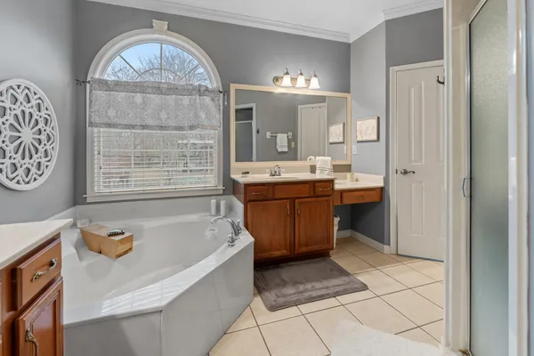 a bathroom with a tub a sink and a large mirror