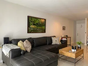a living room with furniture rug and lamp